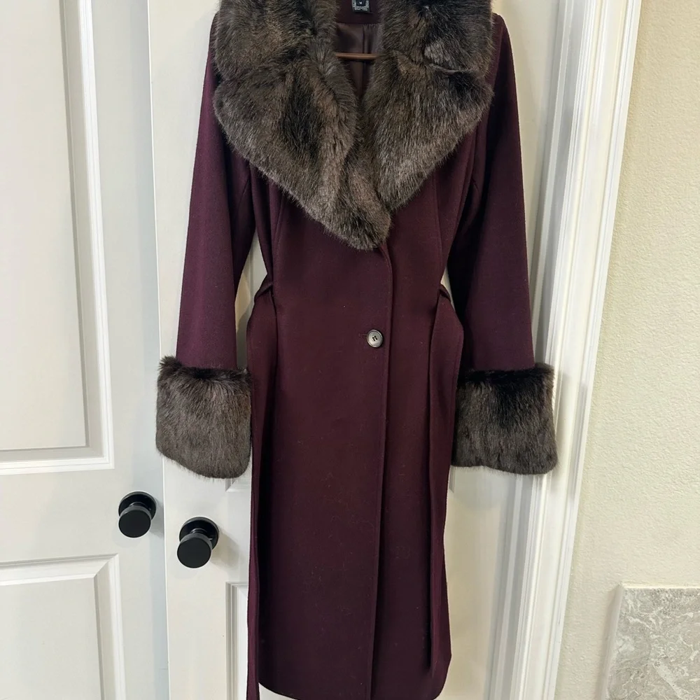 French Connection Belted Coat with Faux Fur Trim - Picture 2 of 8